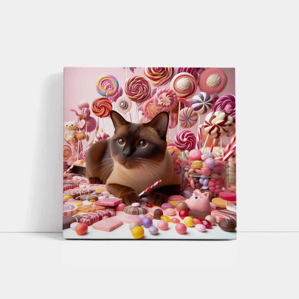 Burmese Cat Surrounded By Colorful Candy – Wall Art