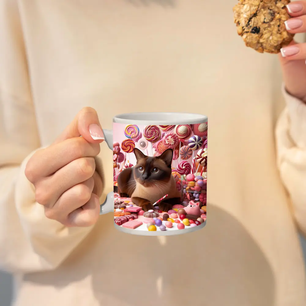 Burmese Cat Surrounded By Colorful Candy – Mugs