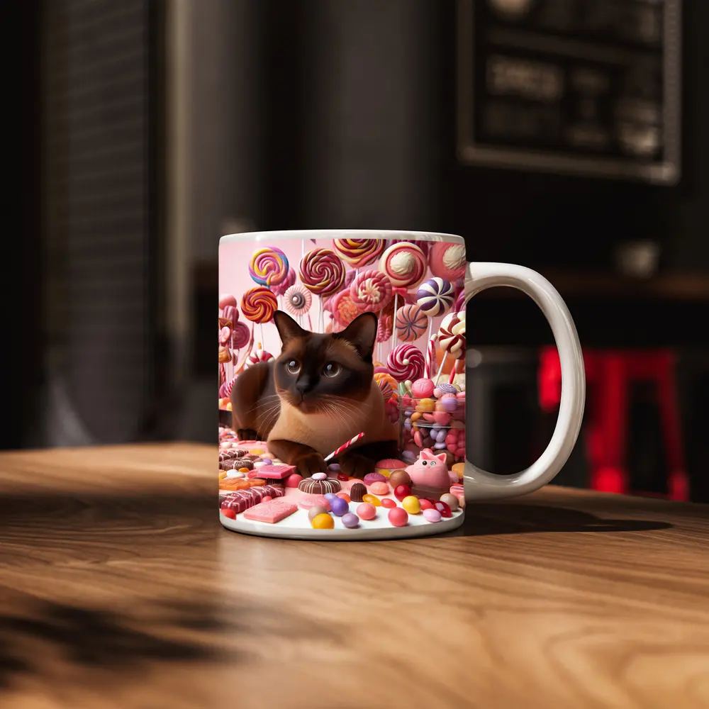 Burmese Cat Surrounded By Colorful Candy – Mugs