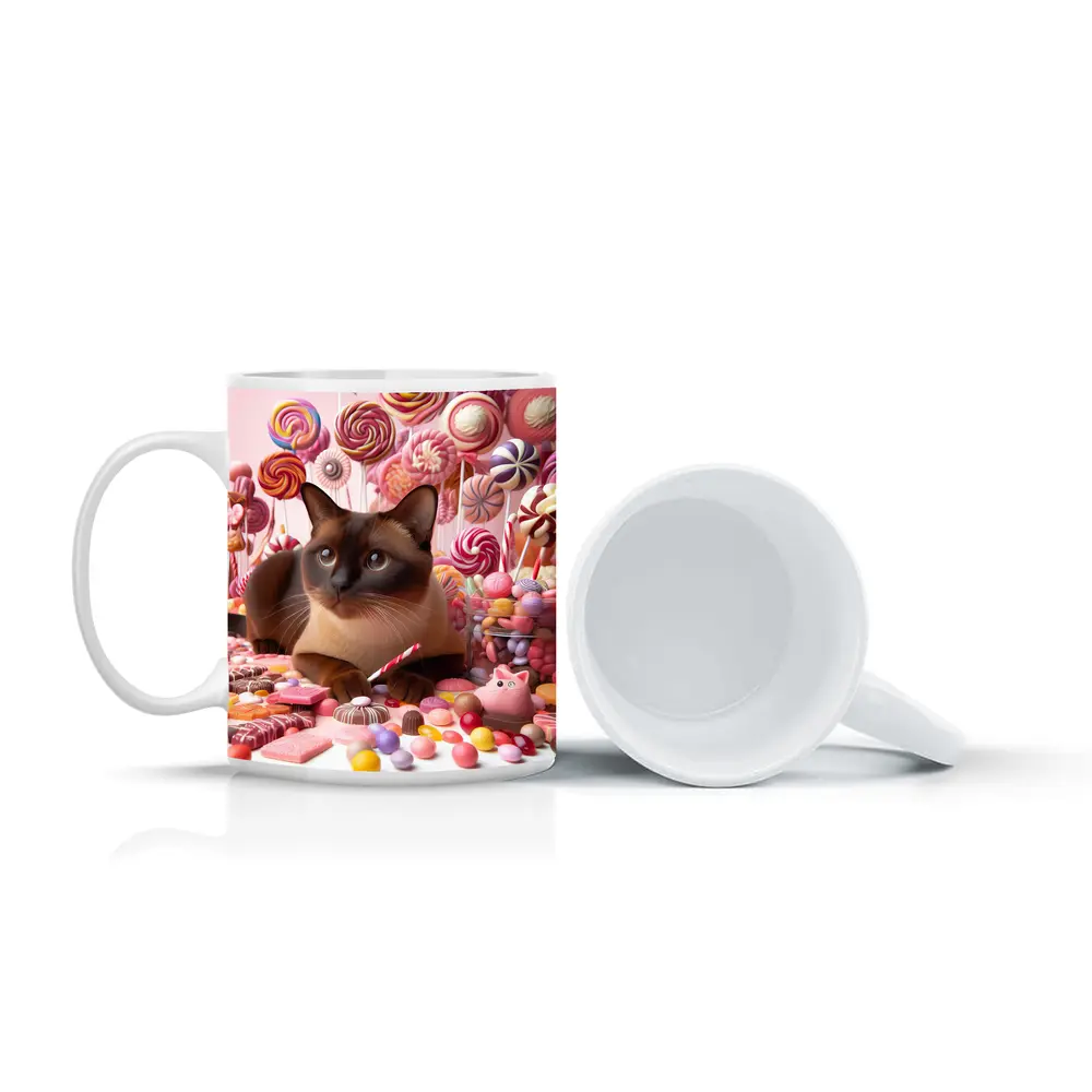 Burmese Cat Surrounded By Colorful Candy – Mugs