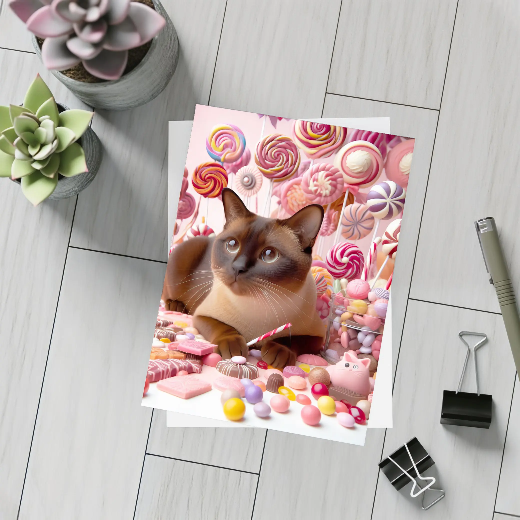 Burmese Cat Surrounded By Colorful Candy – Postcards