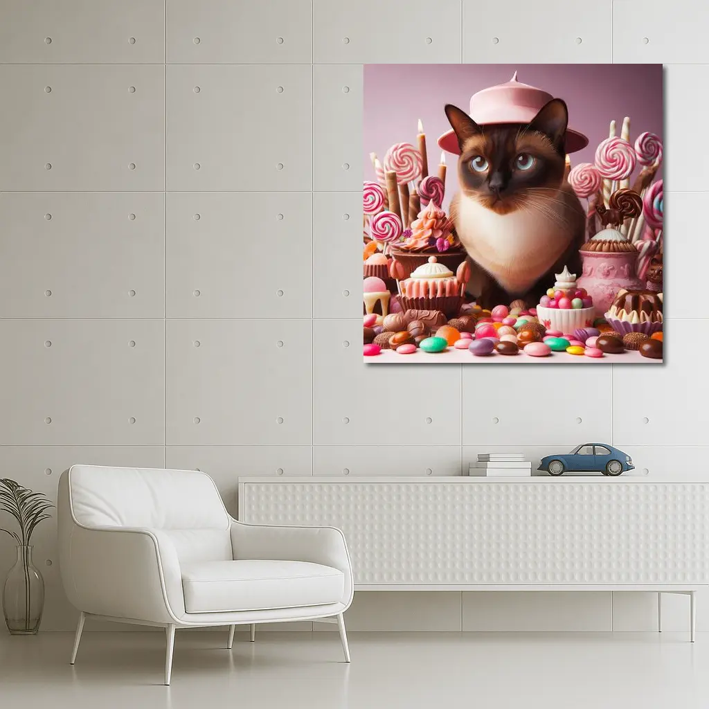 Siamese Cat Pink Hat Candy Sweets – Wall Art