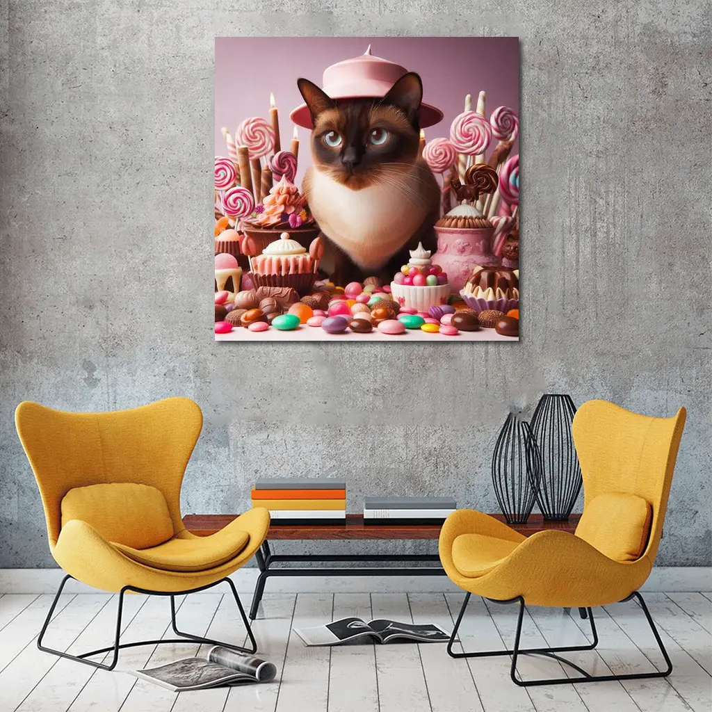 Siamese Cat Pink Hat Candy Sweets – Wall Art