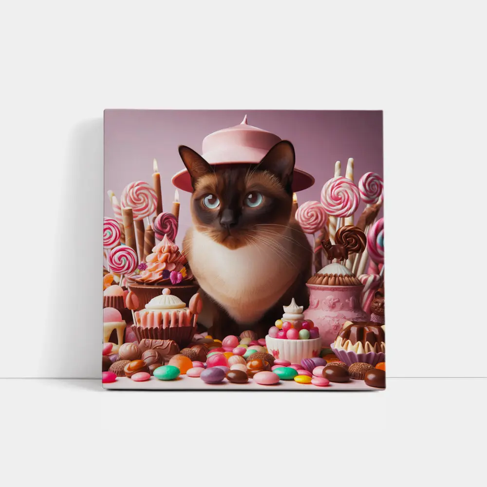 Siamese Cat Pink Hat Candy Sweets – Wall Art