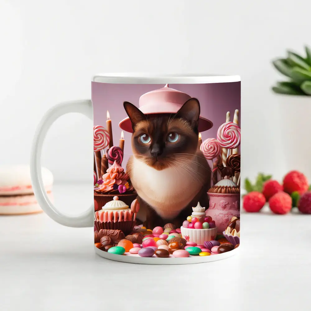 Siamese Cat Pink Hat Candy Sweets – Mugs