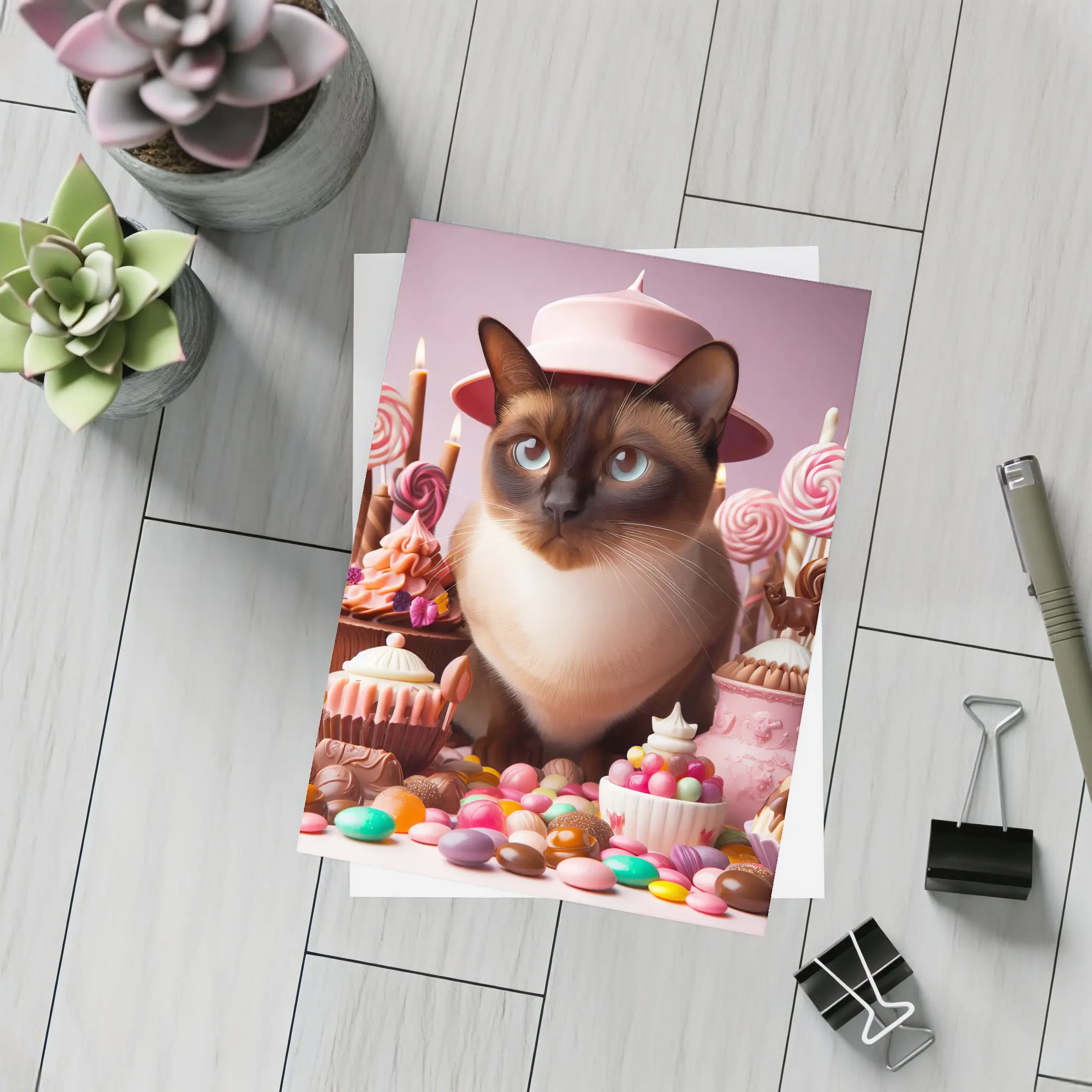 Siamese Cat Pink Hat Candy Sweets – Postcards