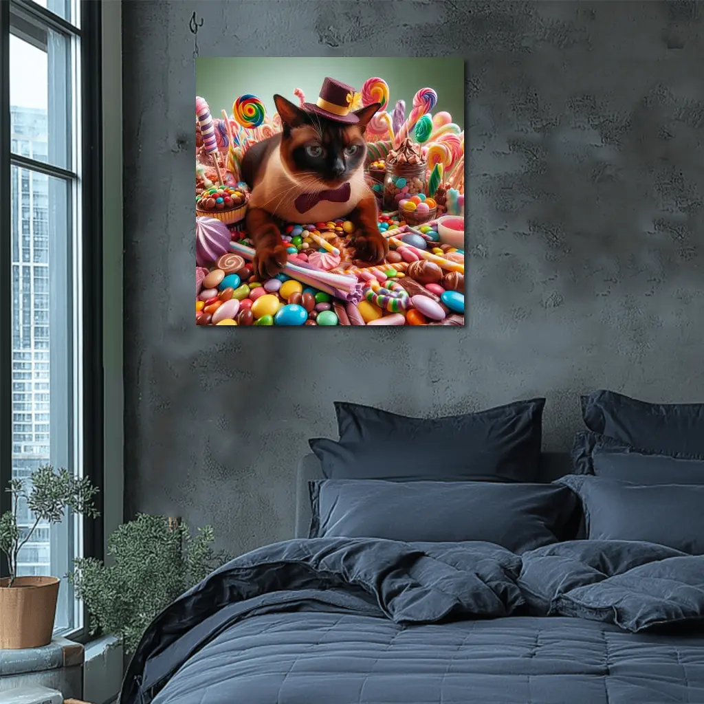 Siamese Cat Dressed Up Among Colorful Candies – Wall Art