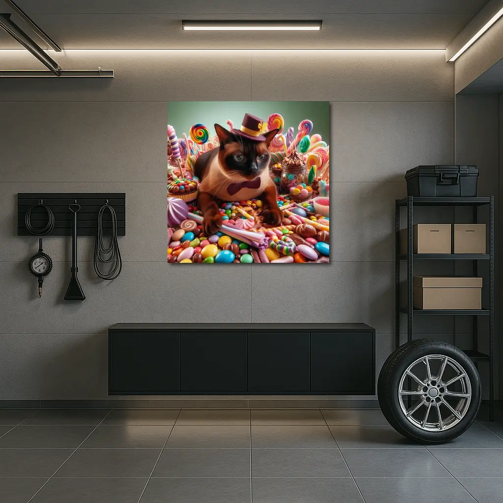 Siamese Cat Dressed Up Among Colorful Candies – Wall Art