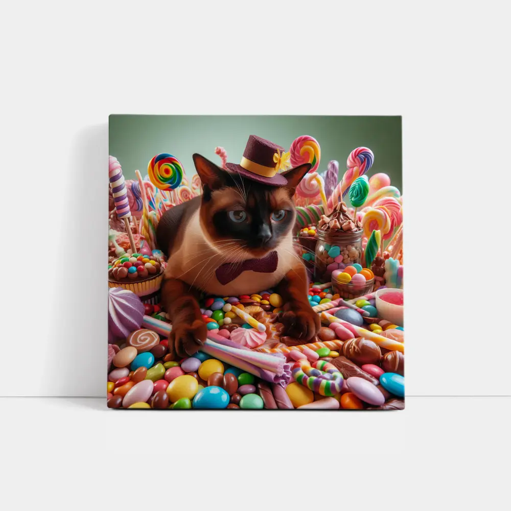 Siamese Cat Dressed Up Among Colorful Candies – Wall Art
