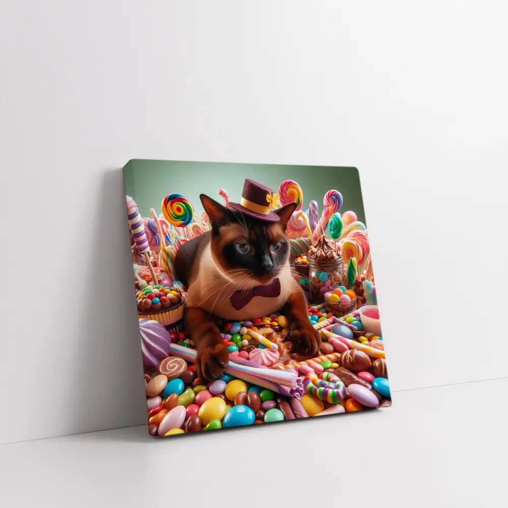 Siamese Cat Dressed Up Among Colorful Candies – Wall Art