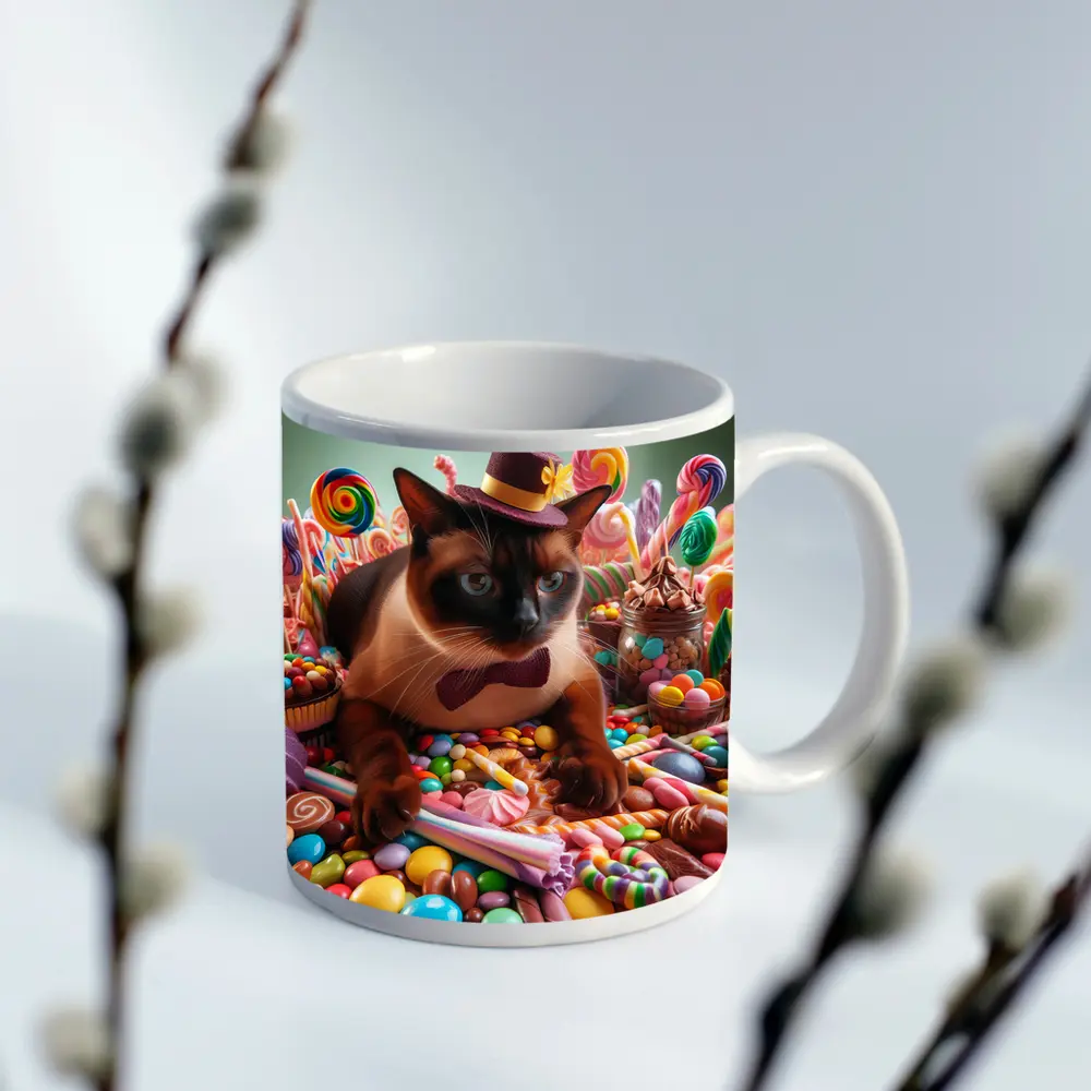 Siamese Cat Dressed Up Among Colorful Candies – Mugs