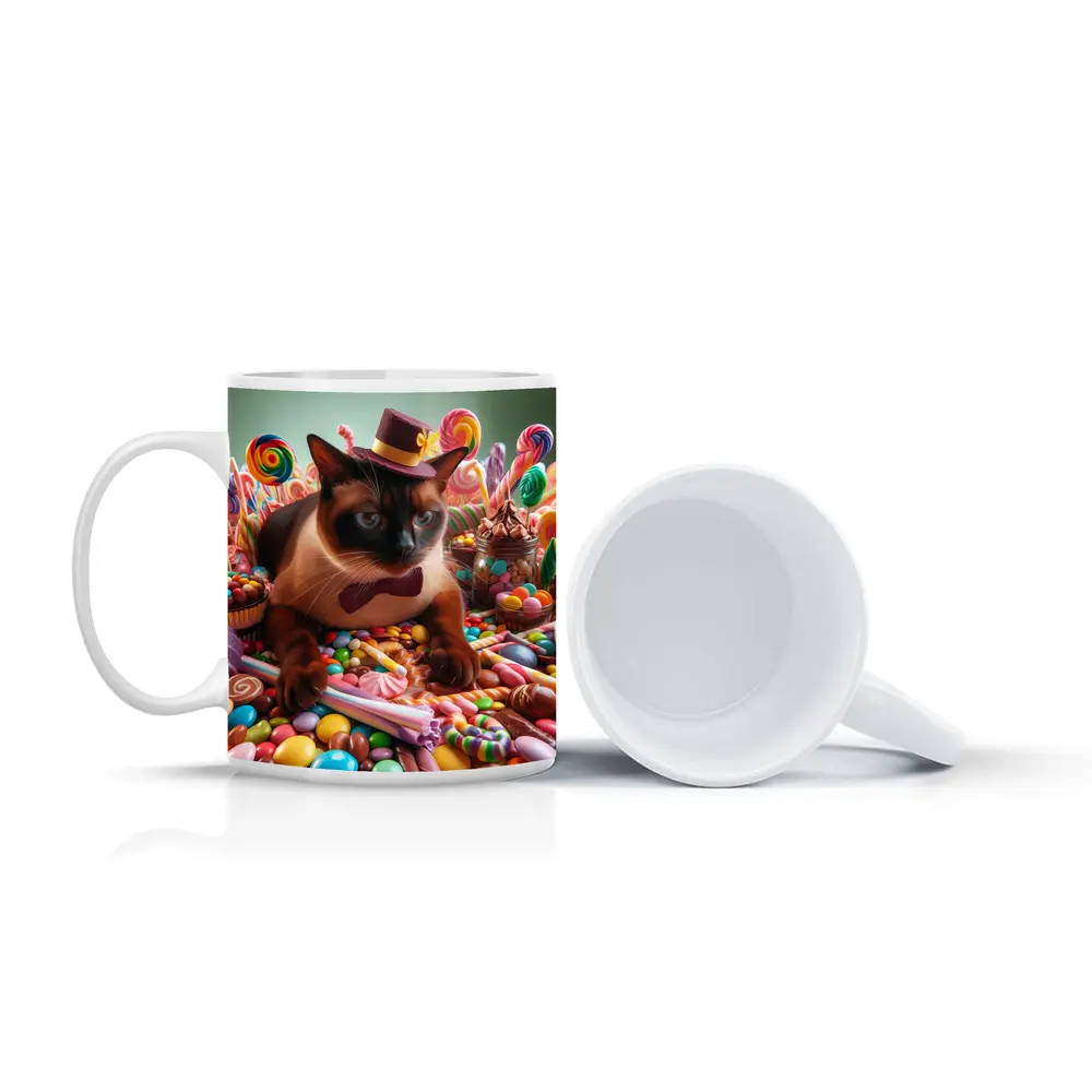 Siamese Cat Dressed Up Among Colorful Candies – Mugs