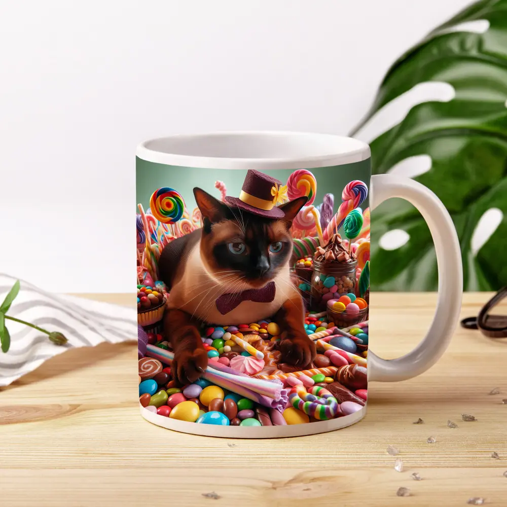 Siamese Cat Dressed Up Among Colorful Candies – Mugs