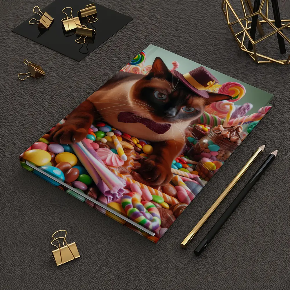 Siamese Cat Dressed Up Among Colorful Candies – Notebooks