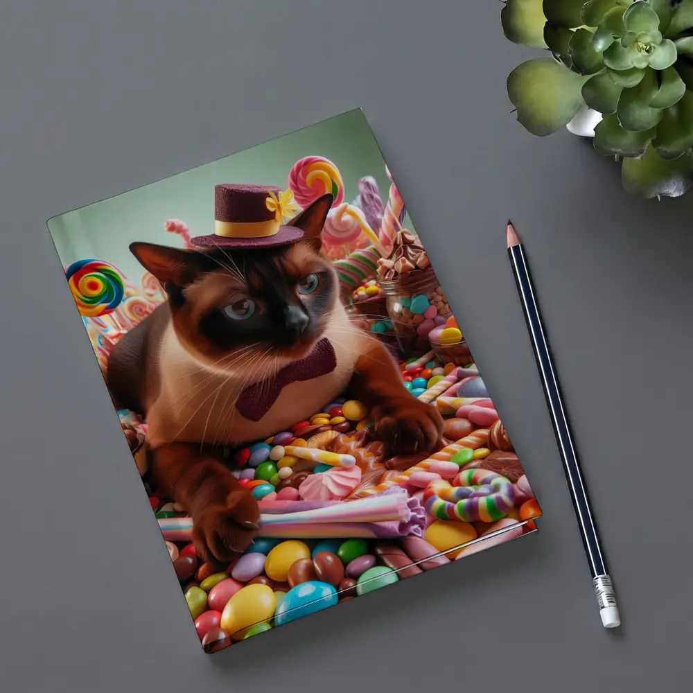 Siamese Cat Dressed Up Among Colorful Candies – Notebooks