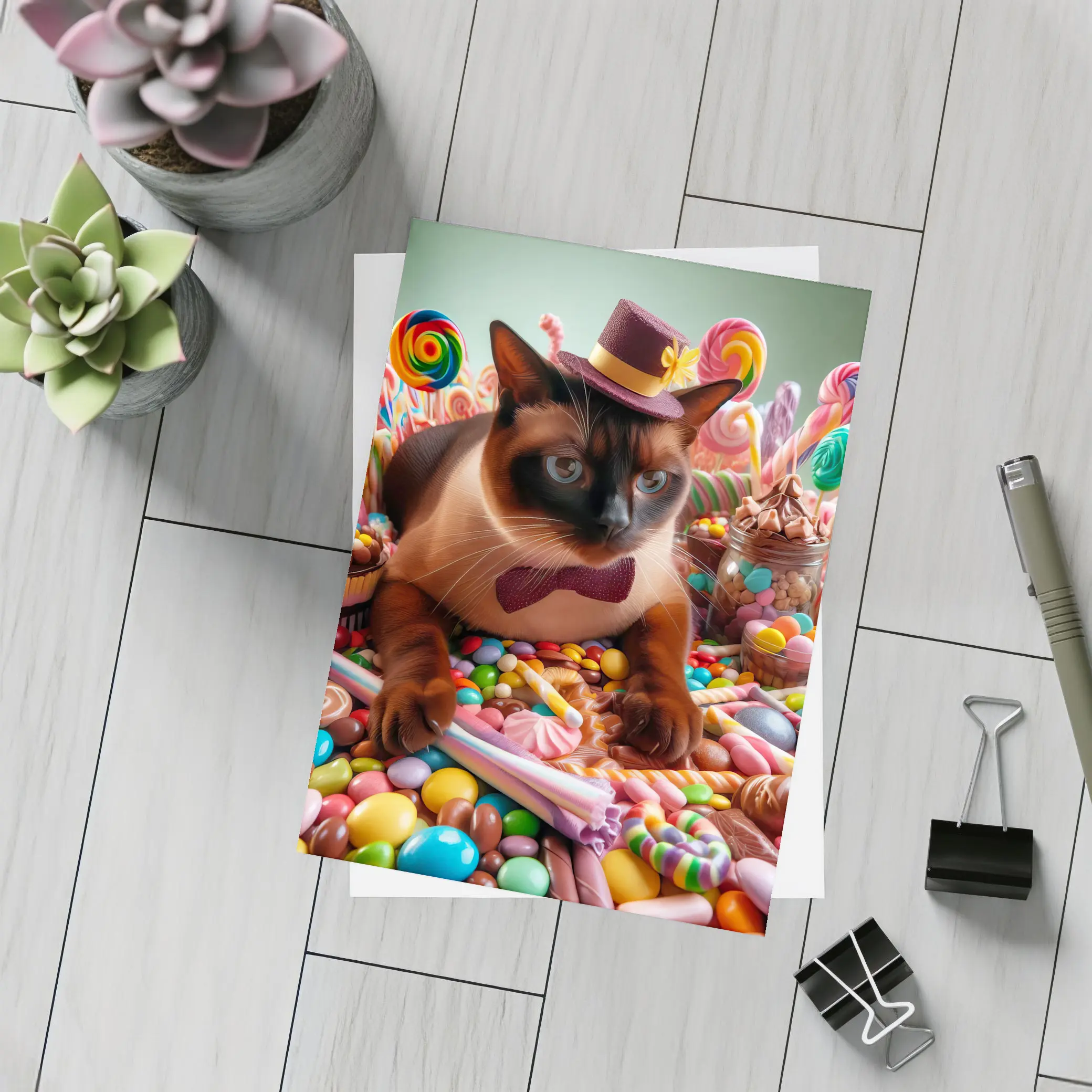 Siamese Cat Dressed Up Among Colorful Candies – Postcards