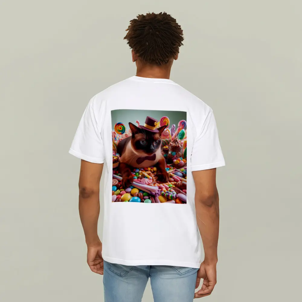 Siamese Cat Dressed Up Among Colorful Candies – T-Shirts