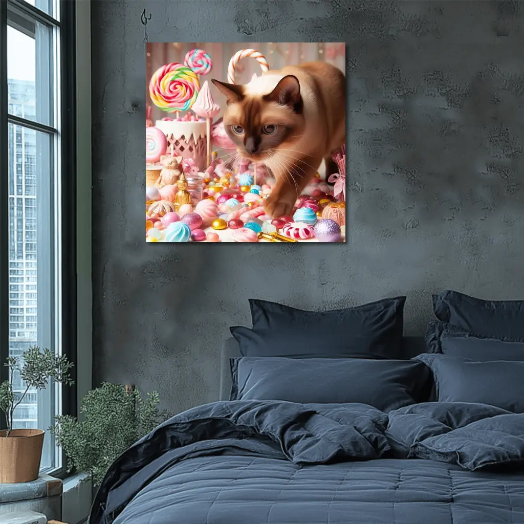 Burmese Cat Among Pastel Candy Sweets – Wall Art