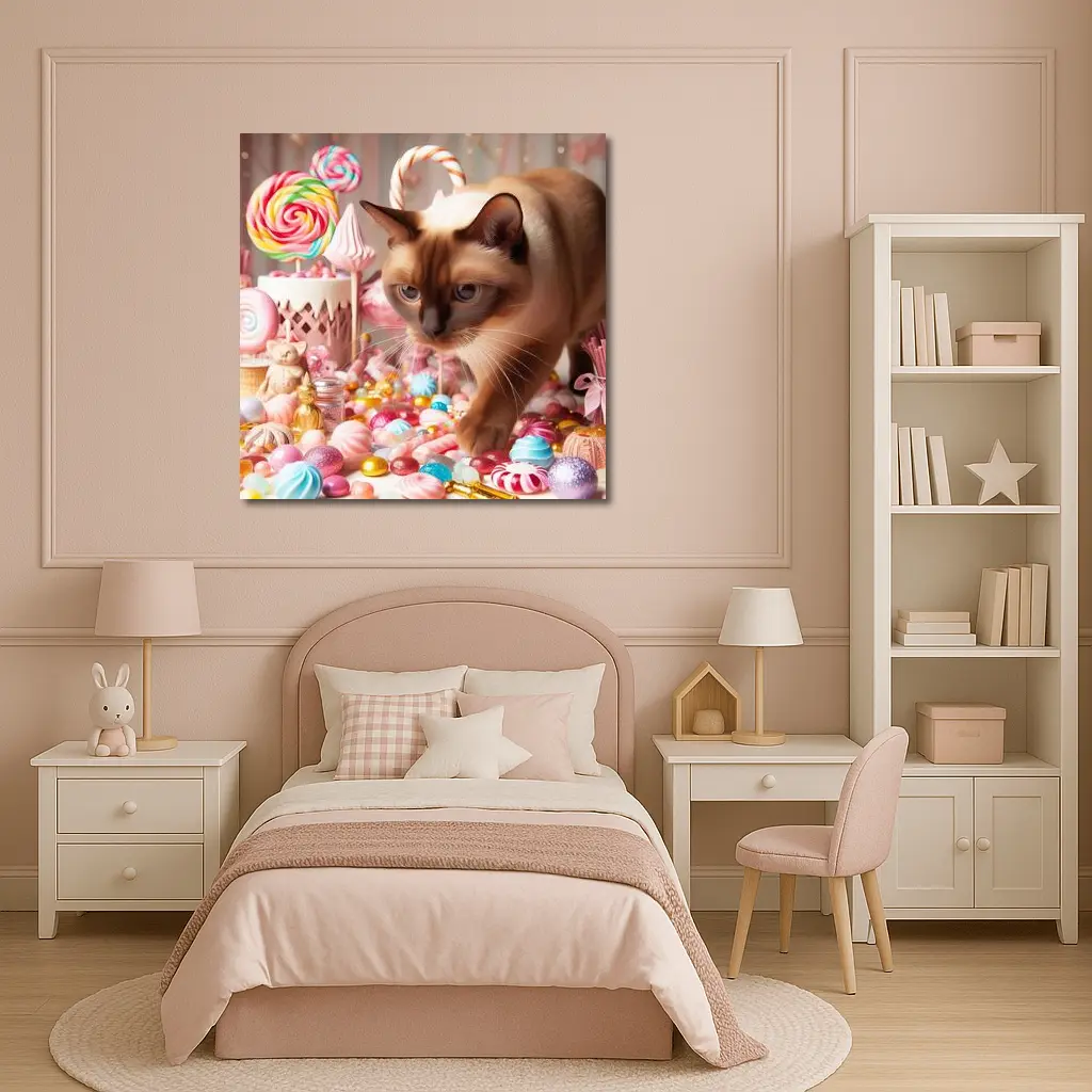Burmese Cat Among Pastel Candy Sweets – Wall Art