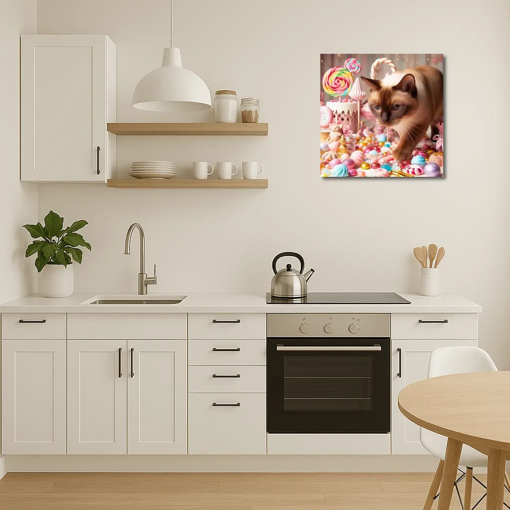 Burmese Cat Among Pastel Candy Sweets – Wall Art