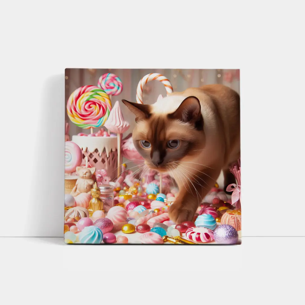 Burmese Cat Among Pastel Candy Sweets – Wall Art