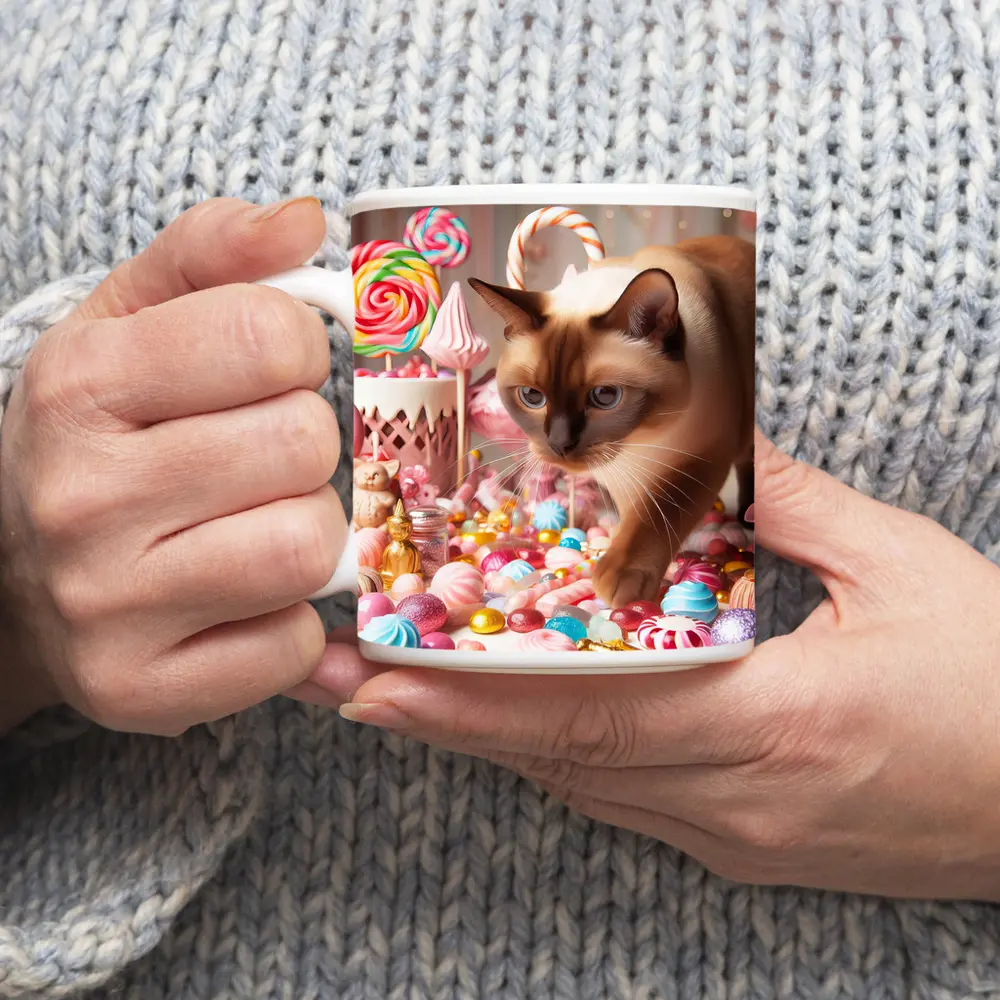 Burmese Cat Among Pastel Candy Sweets – Mugs