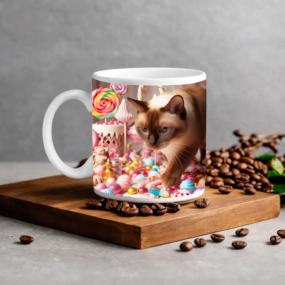 Burmese Cat Among Pastel Candy Sweets – Mugs