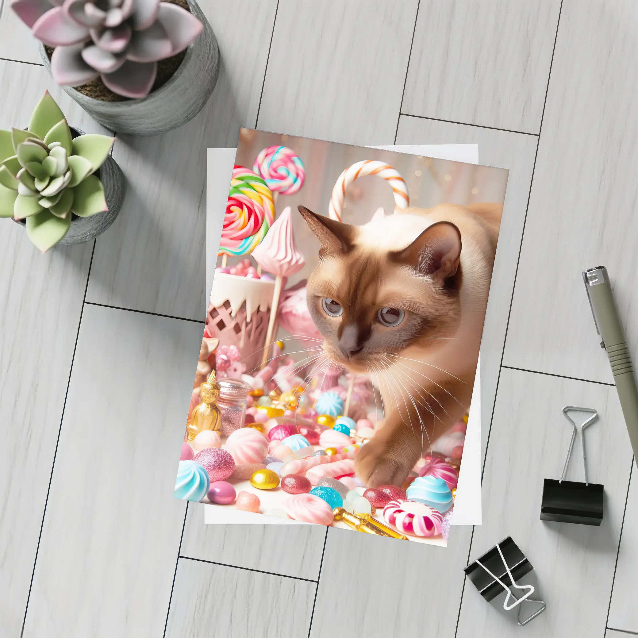 Burmese Cat Among Pastel Candy Sweets – Postcards