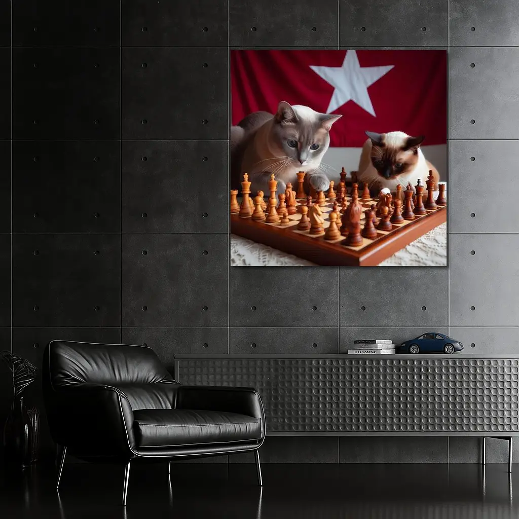 Siamese Cats Playing Chess Red Flag – Wall Art