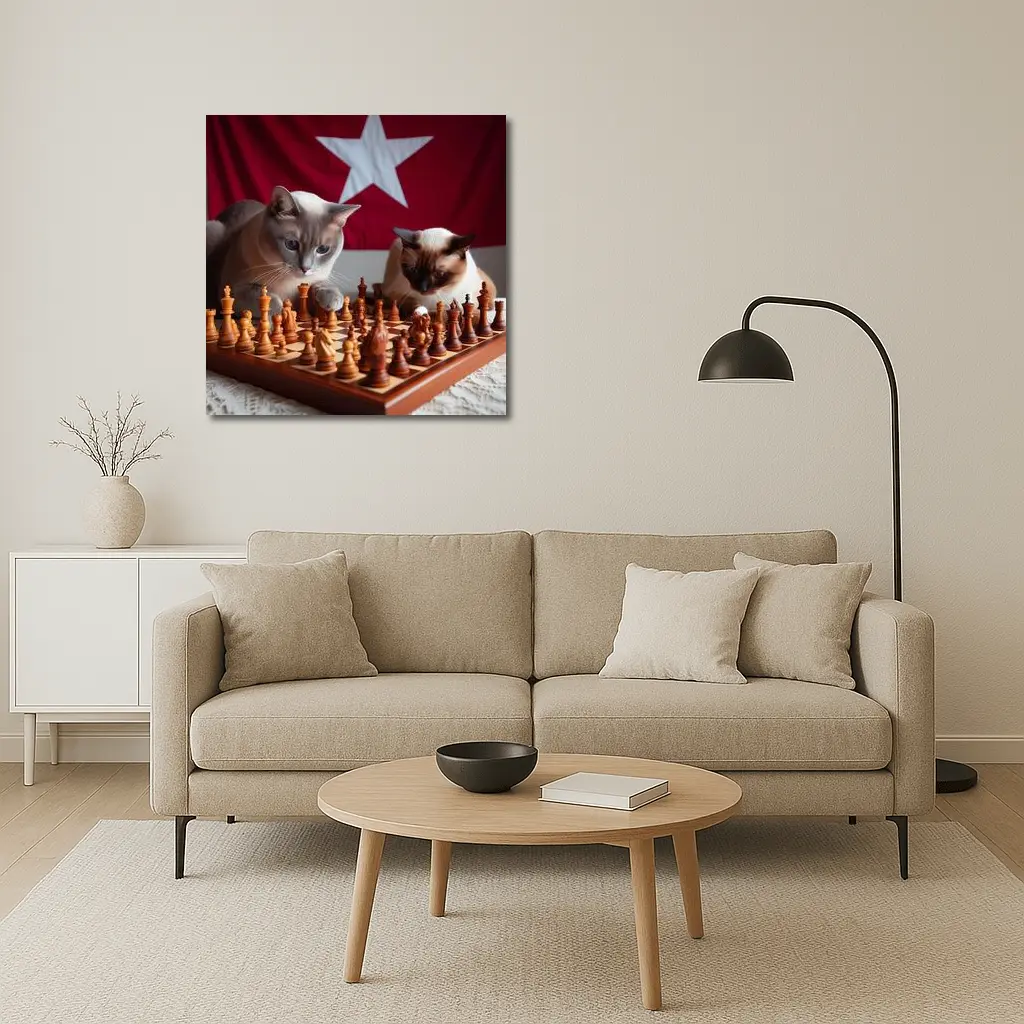Siamese Cats Playing Chess Red Flag – Wall Art