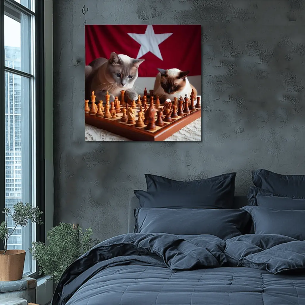 Siamese Cats Playing Chess Red Flag – Wall Art
