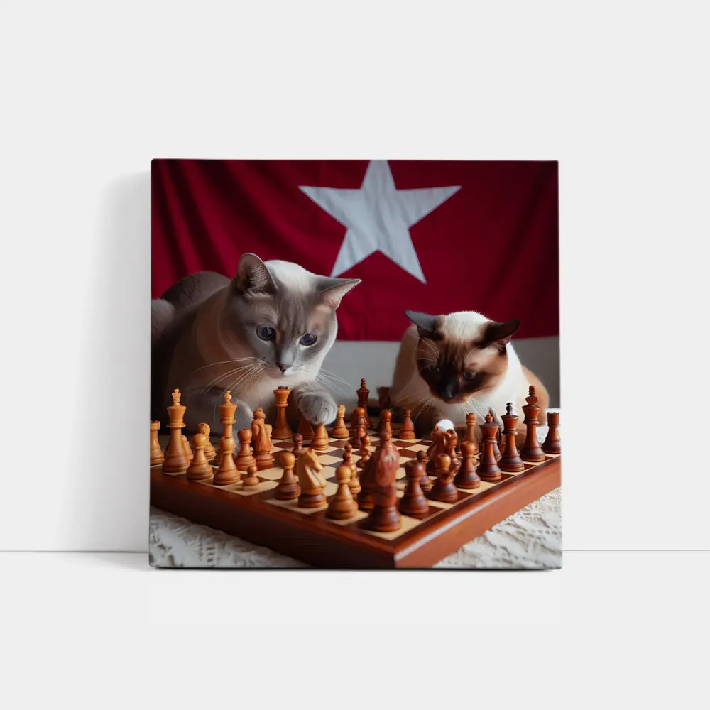 Siamese Cats Playing Chess Red Flag – Wall Art