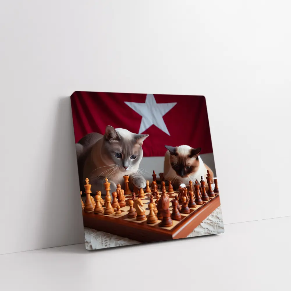 Siamese Cats Playing Chess Red Flag – Wall Art