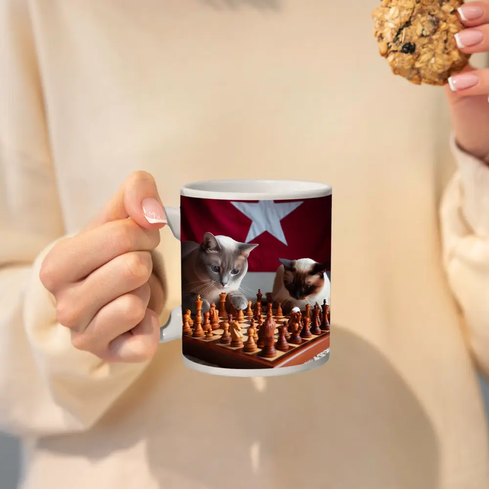 Siamese Cats Playing Chess Red Flag – Mugs