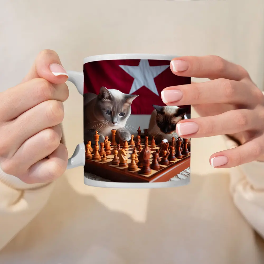 Siamese Cats Playing Chess Red Flag – Mugs