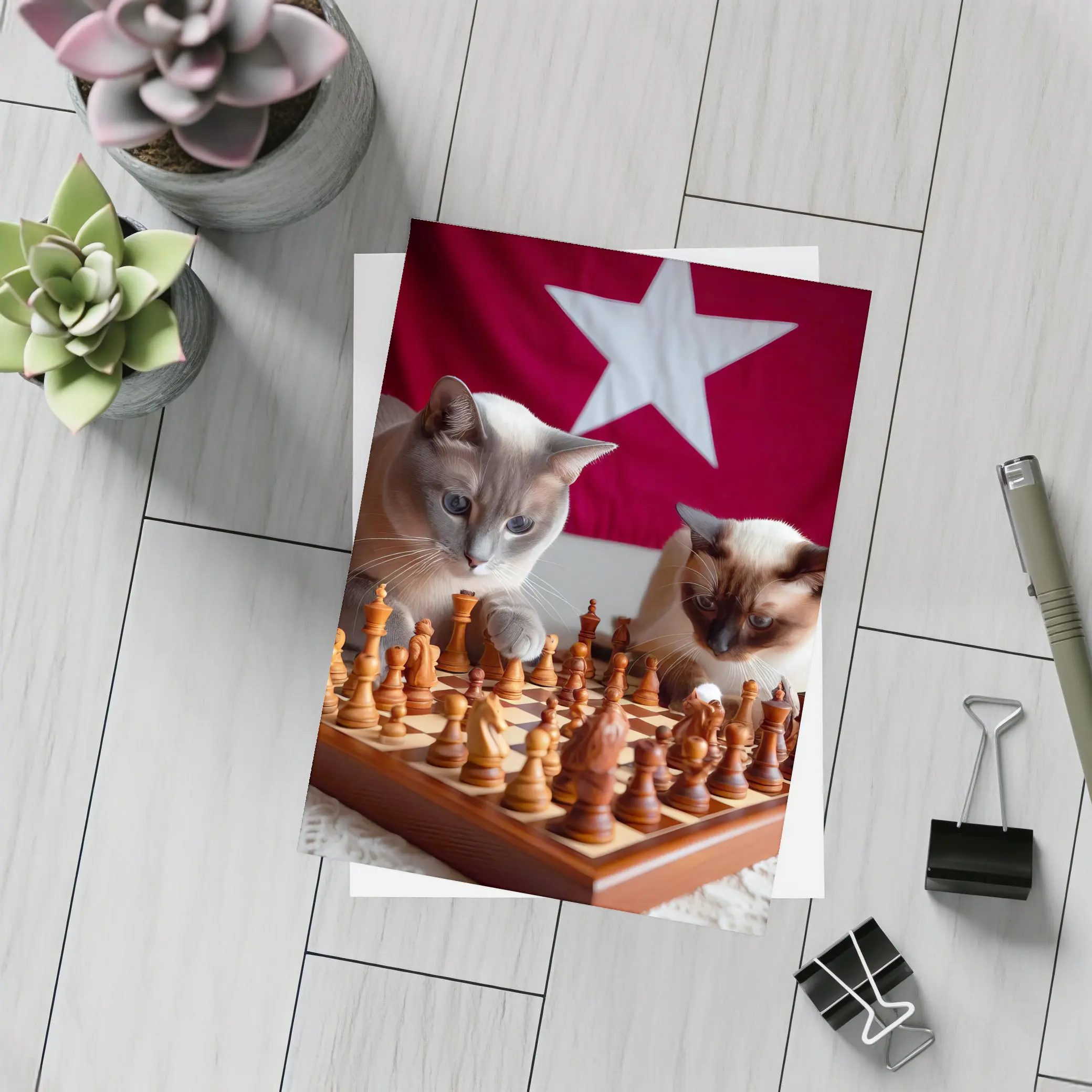 Siamese Cats Playing Chess Red Flag – Postcards