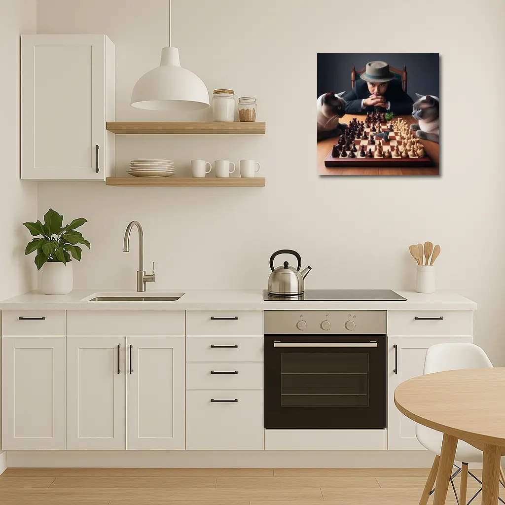 Man in Hat Playing Chess with Cats – Wall Art