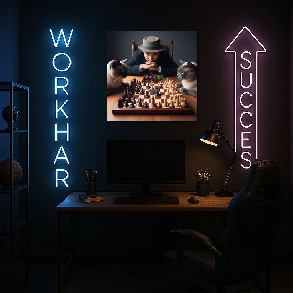 Man in Hat Playing Chess with Cats – Wall Art