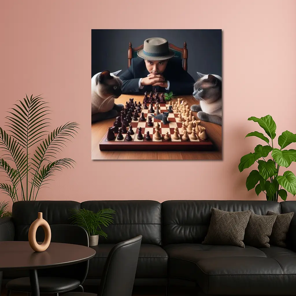 Man in Hat Playing Chess with Cats – Wall Art
