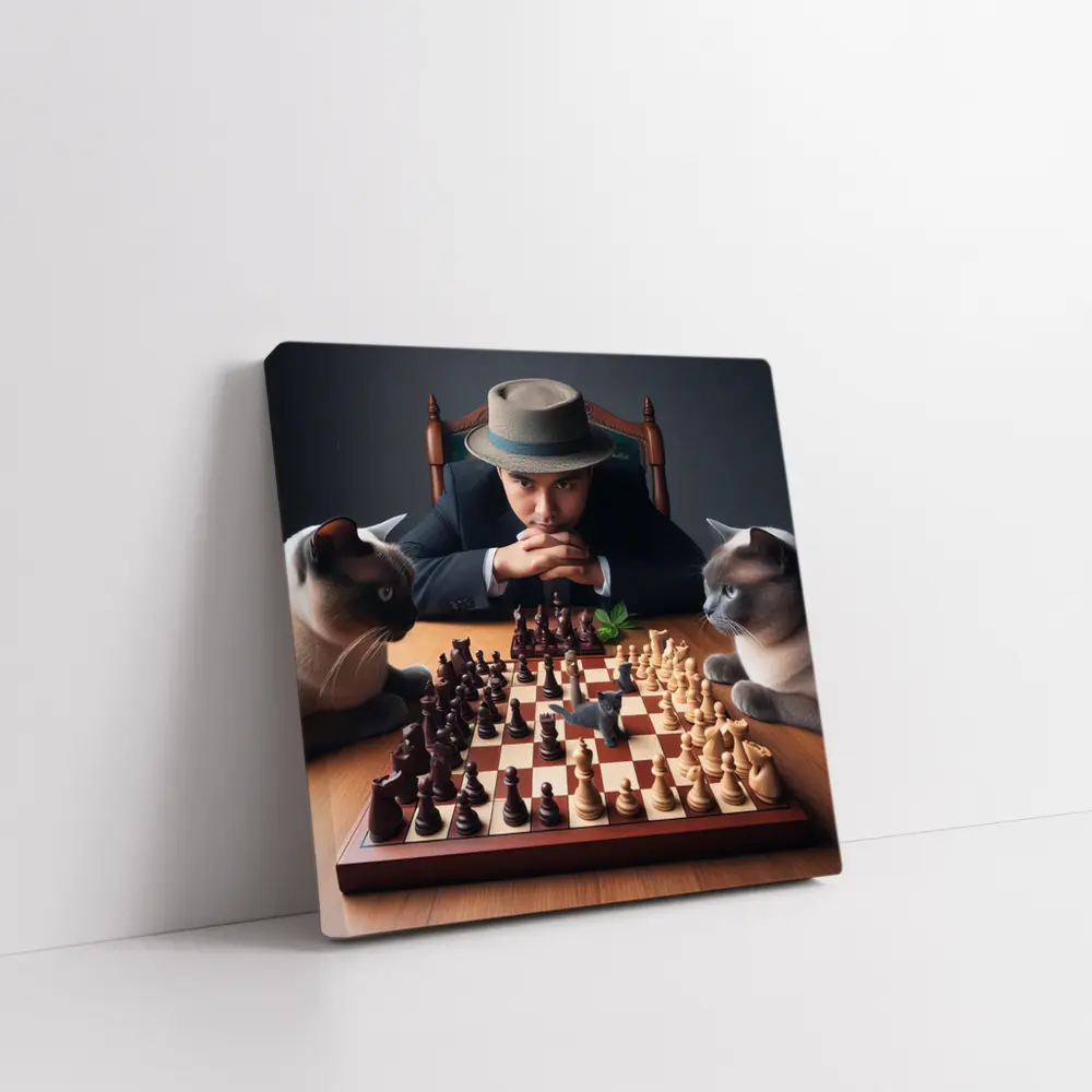 Man in Hat Playing Chess with Cats – Wall Art