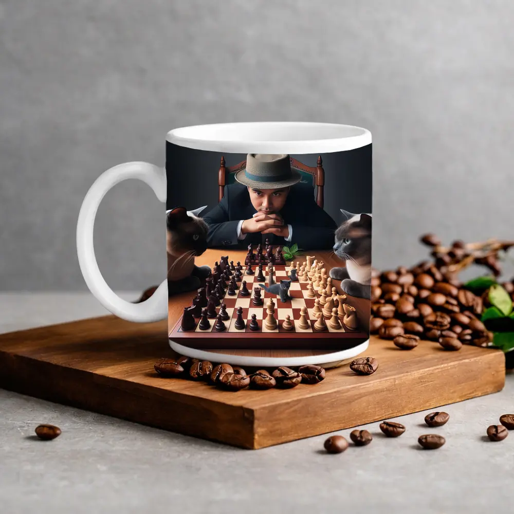 Man in Hat Playing Chess with Cats – Mugs