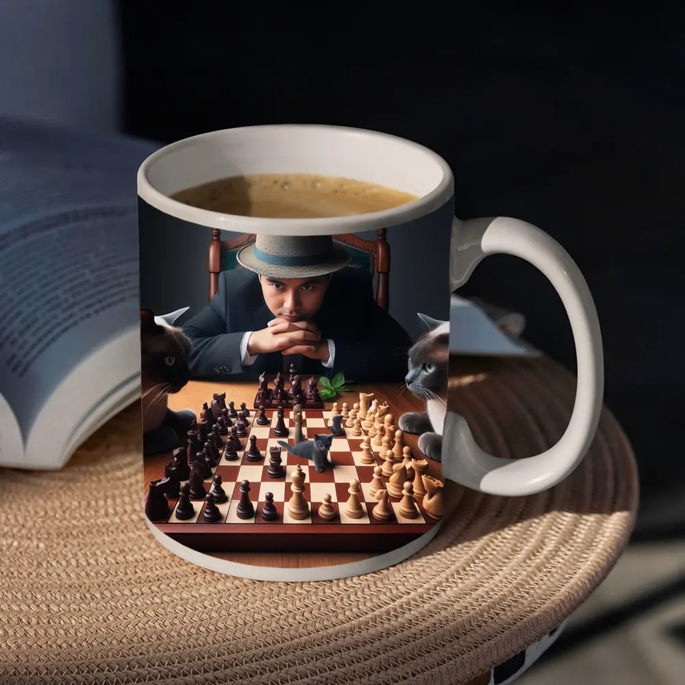 Man in Hat Playing Chess with Cats – Mugs