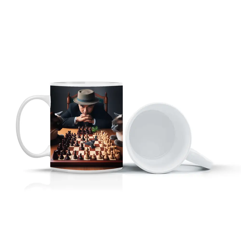 Man in Hat Playing Chess with Cats – Mugs
