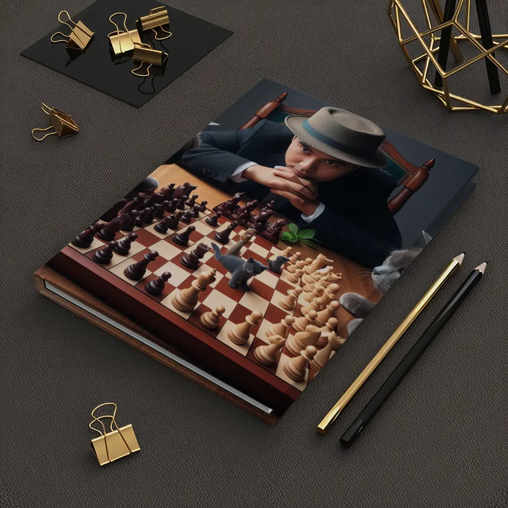 Man in Hat Playing Chess with Cats – Notebooks