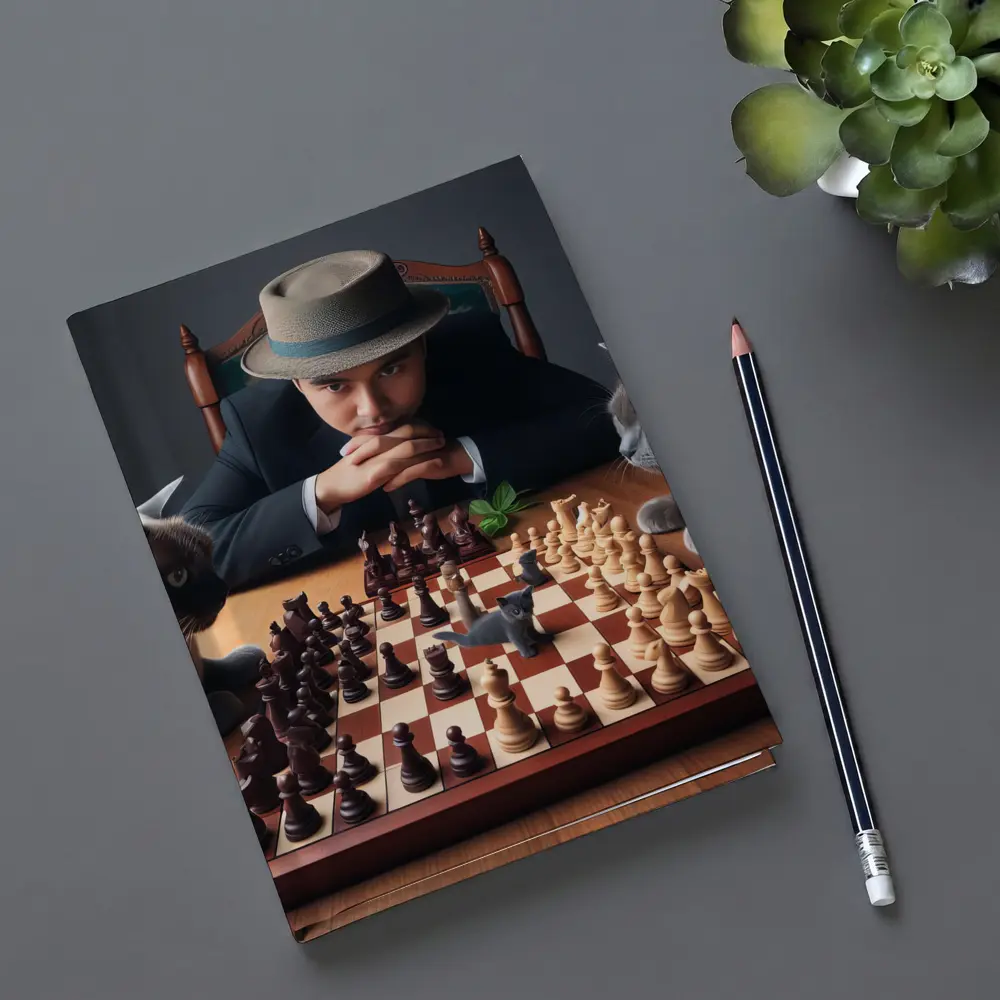 Man in Hat Playing Chess with Cats – Notebooks