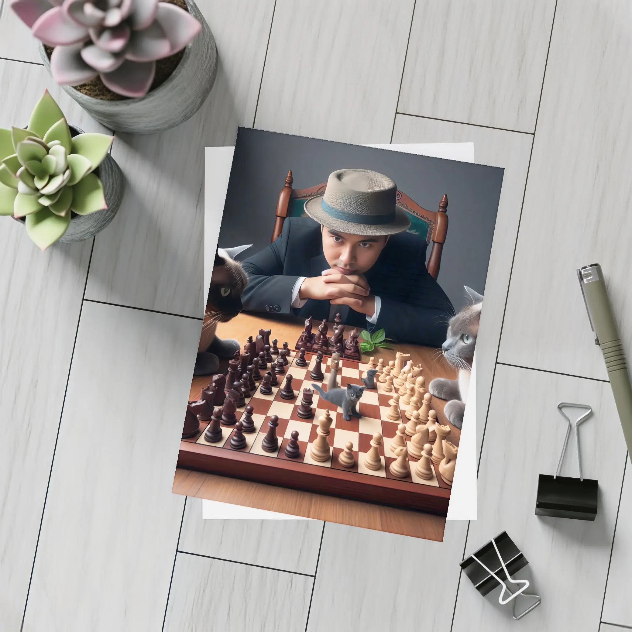 Man in Hat Playing Chess with Cats – Postcards