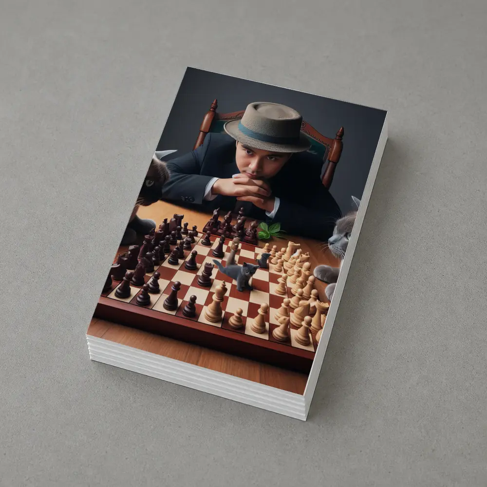 Man in Hat Playing Chess with Cats – Postcards