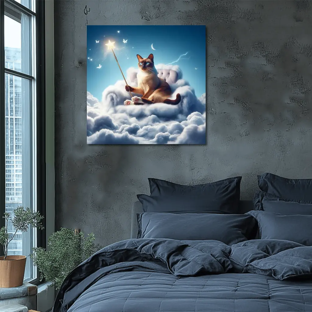 Siamese Cat Wizard Star Wand Clouds – Wall Art