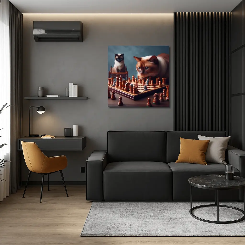 Siamese Cats Playing Chess Focused Game – Wall Art