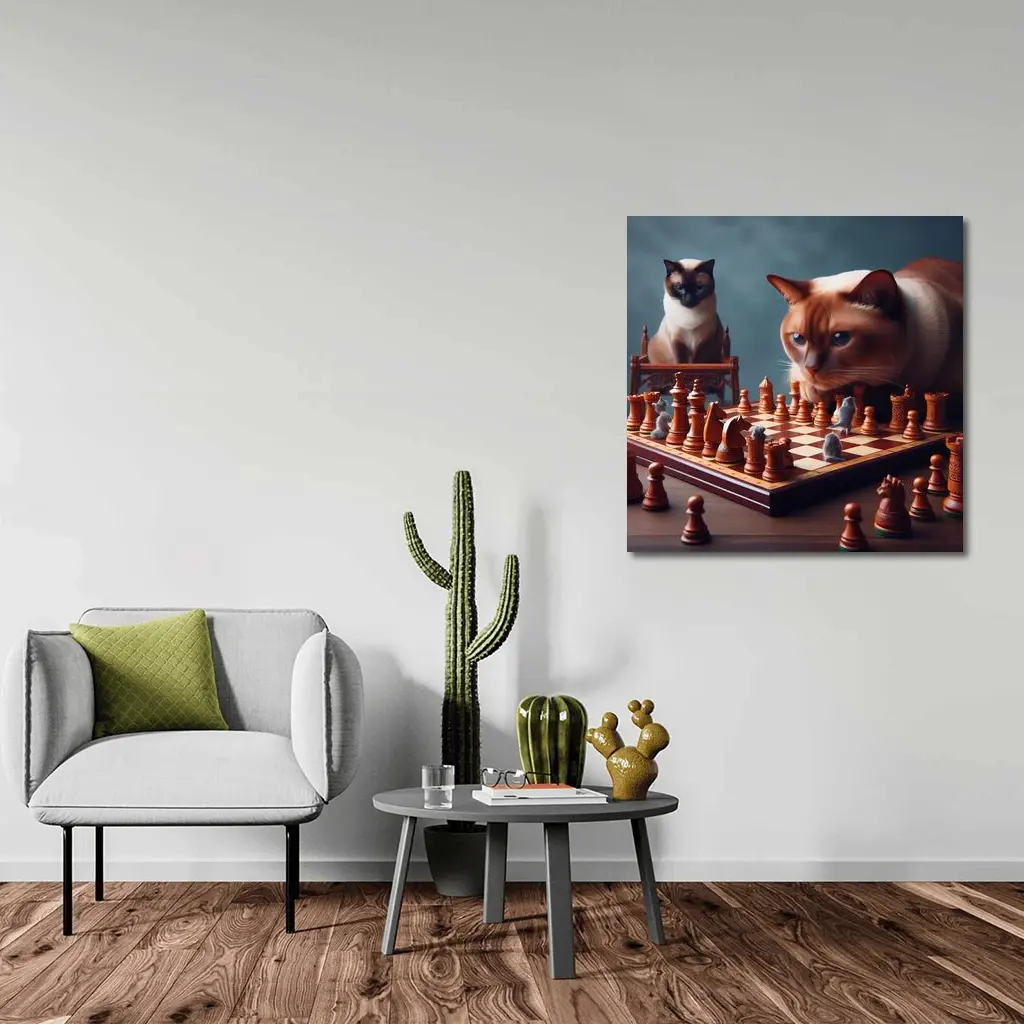 Siamese Cats Playing Chess Focused Game – Wall Art